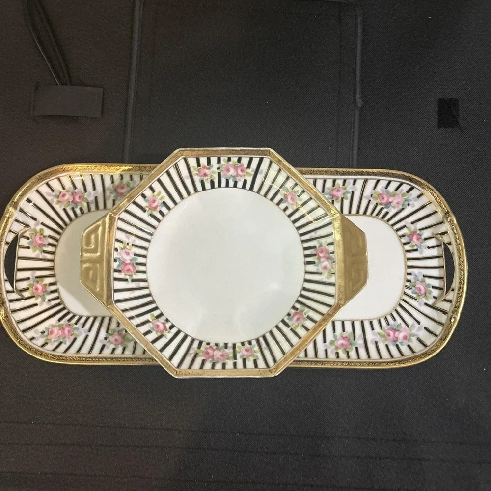 Vintage Nippon porcelain serving dishes set/three hand-painted different sizes